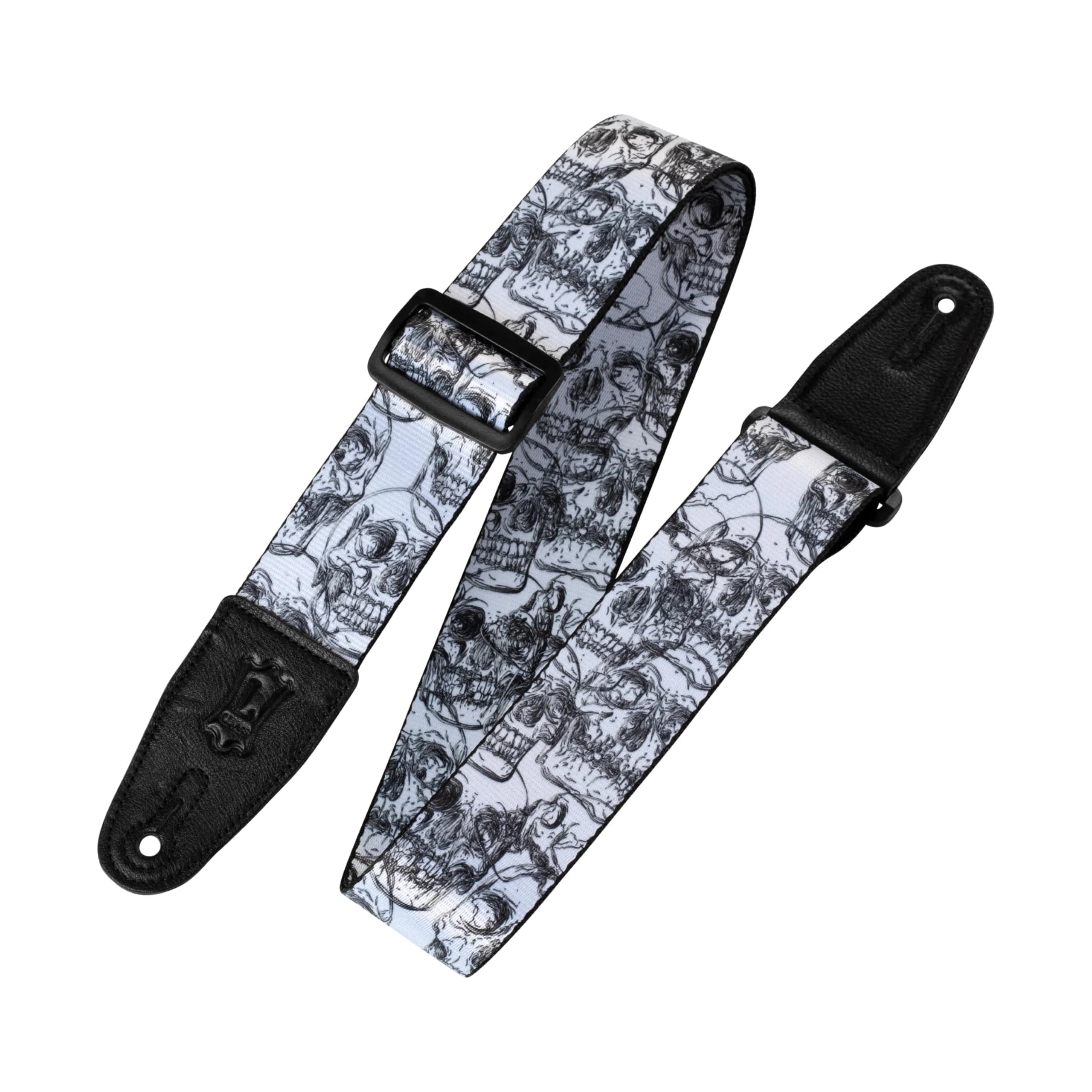 Levy's 2" Polyester Guitar Strap with Genuine Leather Ends, Black & White Skulls Motif, Adjustable up to 165cm (65") — Black, White