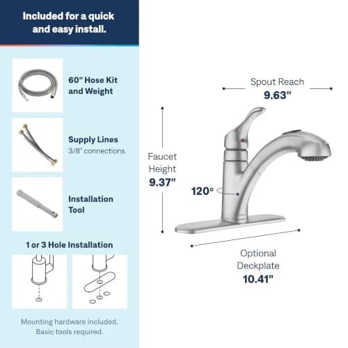 Moen Renzo Spot Resist Stainless One-Handle Pullout Kitchen Faucet | Power Clean Technology, 9.63in Reach, Brushed Finish thumbnail 3
