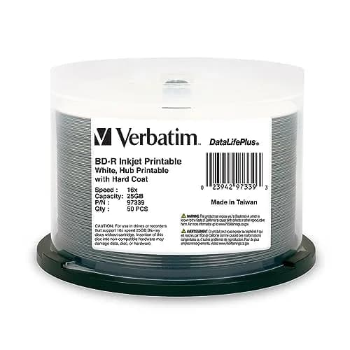Verbatim BD-R 25GB 16X Blu-ray Recordable Media Disc DataLifePlus White Inkjet Hub Printable 50pk Spindle | Archival Durability for HD Video & Audio — 50PK Spindle