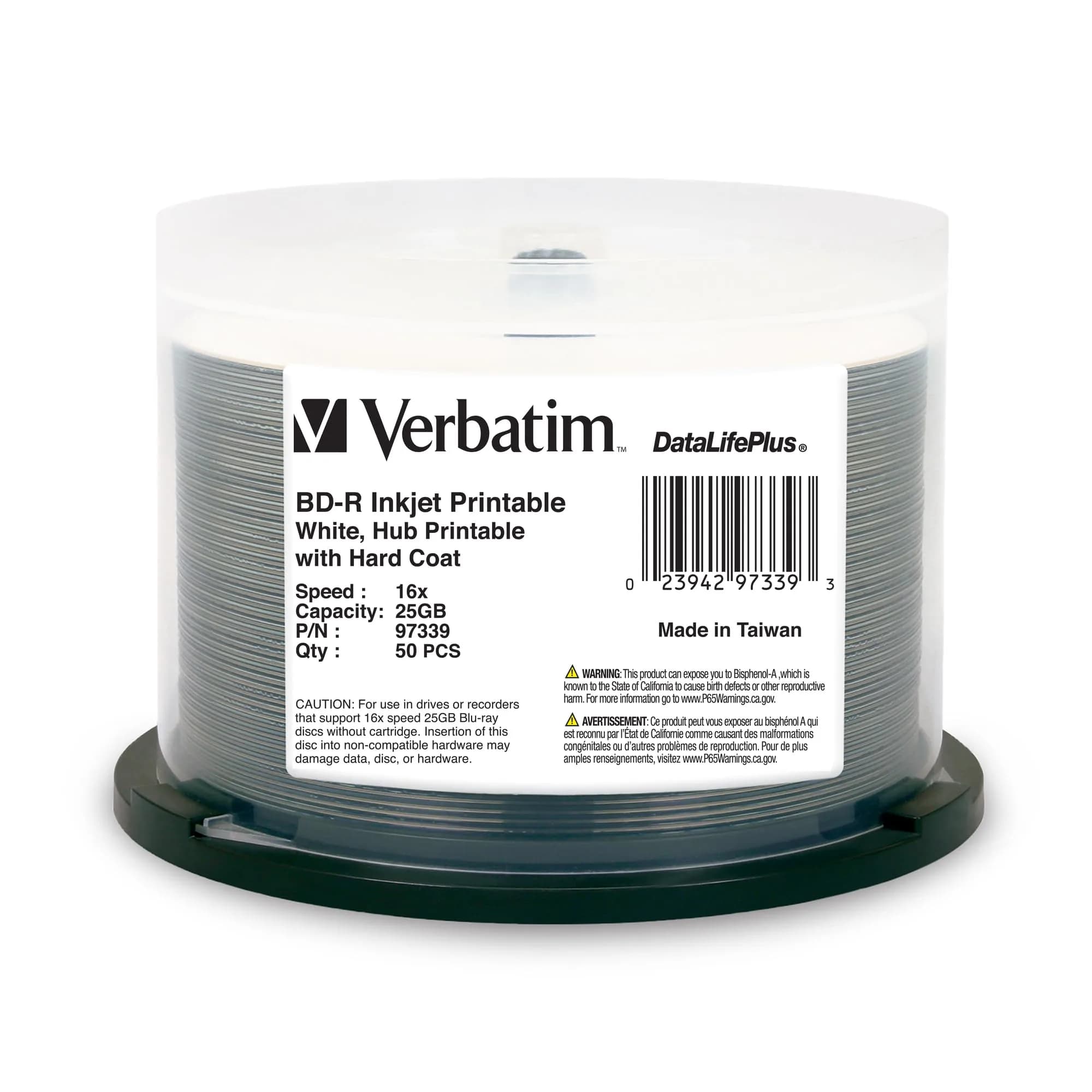 Verbatim BD-R 25GB 16X Blu-ray Recordable Media Disc DataLifePlus White Inkjet Hub Printable 50pk Spindle | Archival Durability for HD Video & Audio - main product image