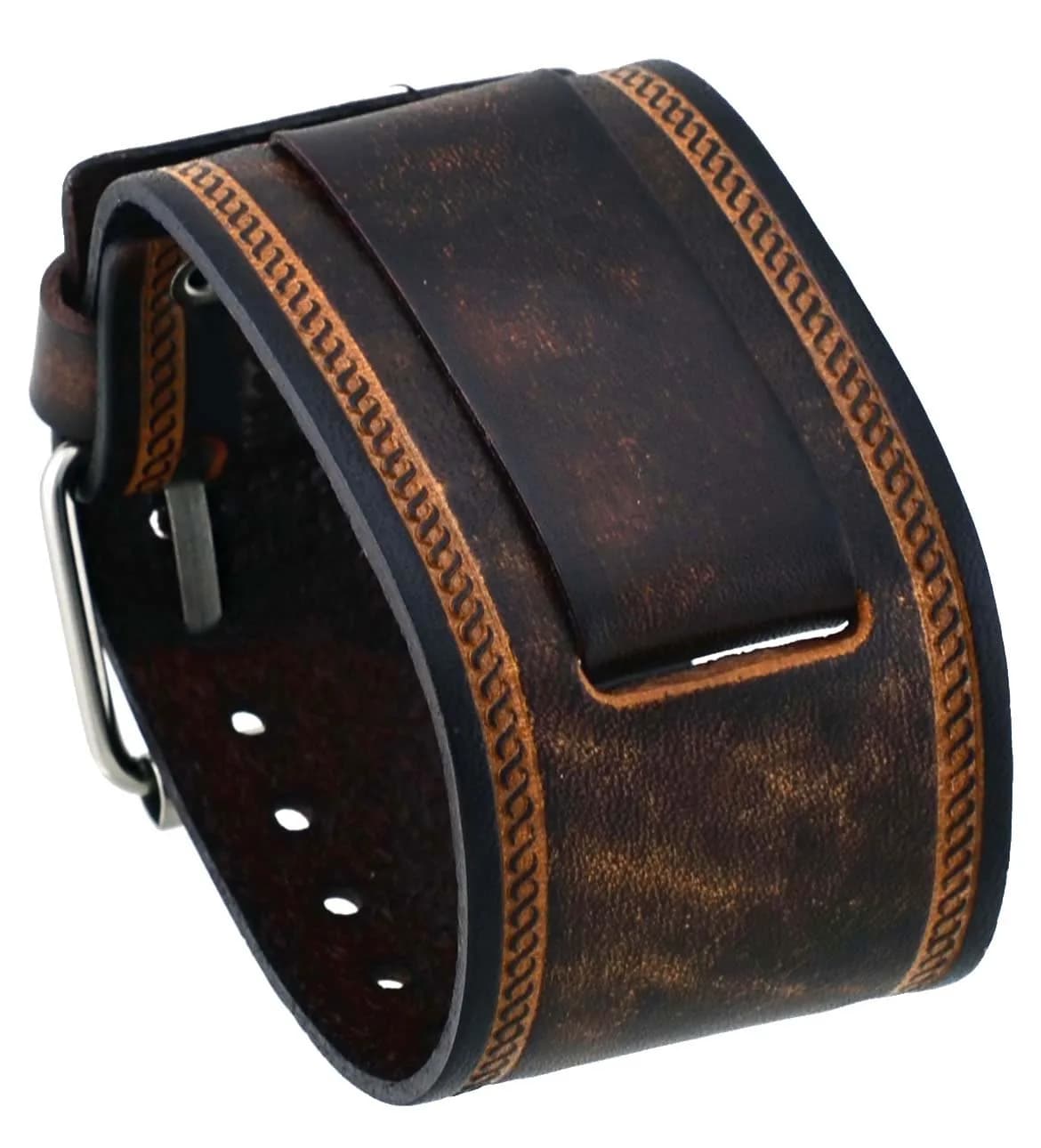 Nemesis Watch Band 24mm Wide Brown Leather Cuff | Genuine Leather, Buckle Closure — Brown