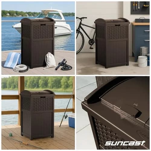 Suncast 33 Gallon Outdoor Trash Can with Lid for Garage, Backyard, Garden | Stylish Resin Design, Weather-Resistant, Fits 30-33 Gallon Bags thumbnail 5