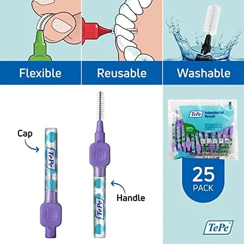 TePe Interdental Brush, Purple, 25 pcs | Soft nylon bristles for cleaning gaps, safe around implants & crowns thumbnail 5