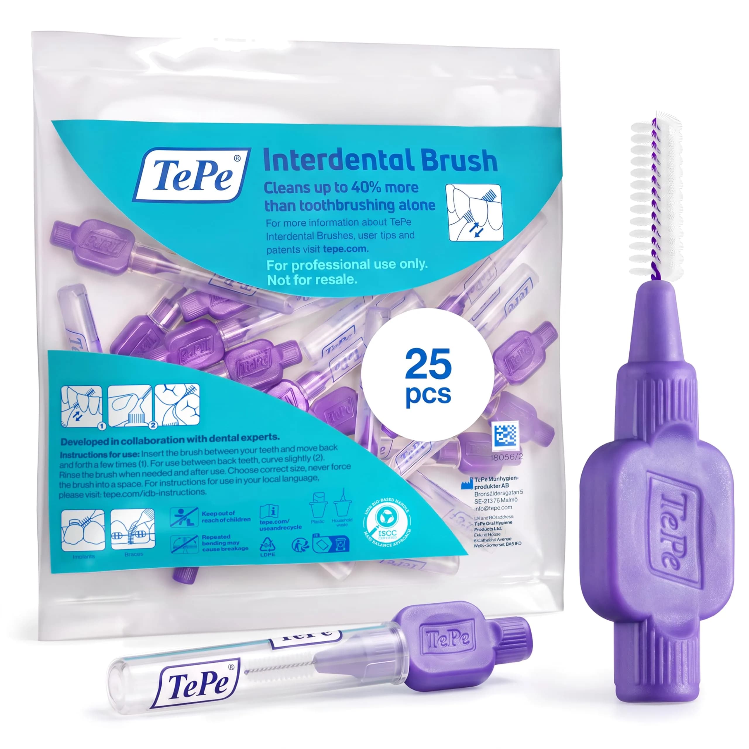 TePe Interdental Brush, Purple, 25 pcs | Soft nylon bristles for cleaning gaps, safe around implants & crowns