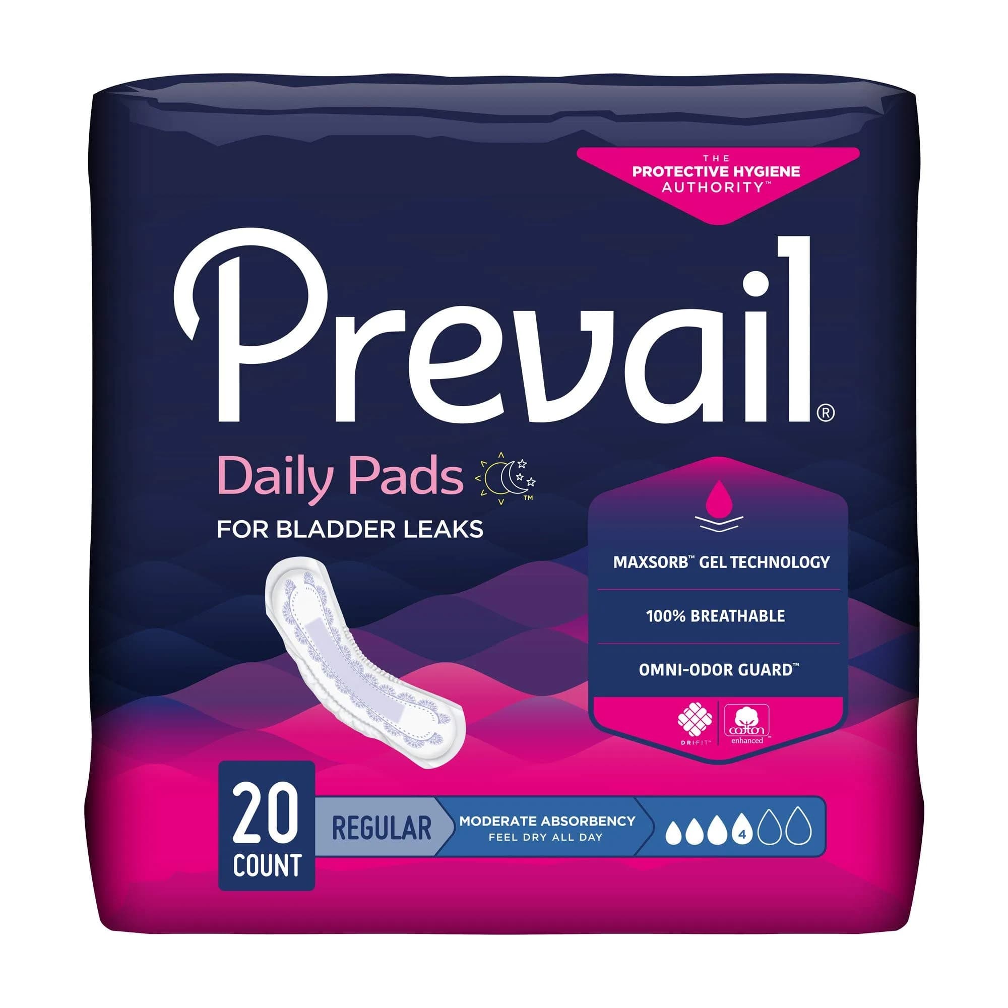 Prevail Moderate Absorbency Daily Pads for Bladder Leaks 20 Count | 26.9 cm (10.6 in) | Breathable Technology for Skin Comfort — White Backsheet
