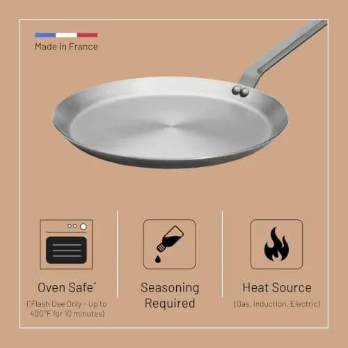 de Buyer MINERAL B Carbon Steel Crepe & Tortilla Pan - 30 cm (12") Diameter, 25 cm (10") Cooking Surface | Naturally Non-Stick Finish thumbnail 5