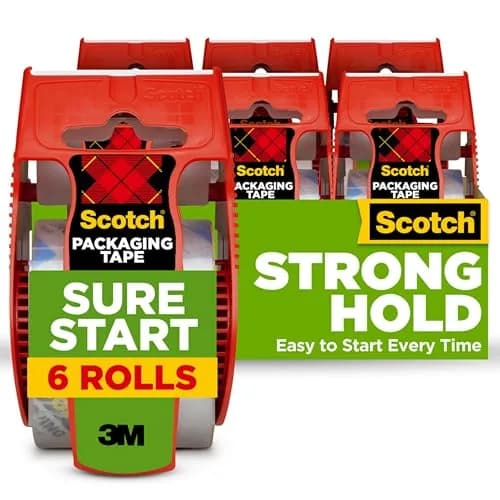 Scotch Sure Start Packing Tape with Dispensers, Clear, 4.8cm (1.88 inch) x 22.2 Yard, 2 Rolls | Quiet Unwind & Easy Start — 6 Rolls