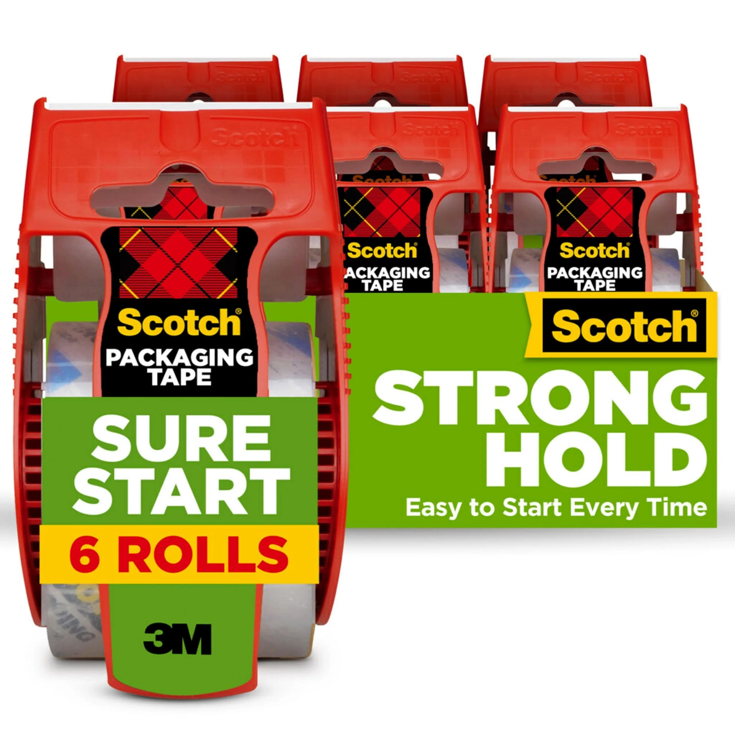 Scotch Sure Start Packing Tape with Dispensers, Clear, 6 Rolls | Quiet Unwind & Easy Start - main product image