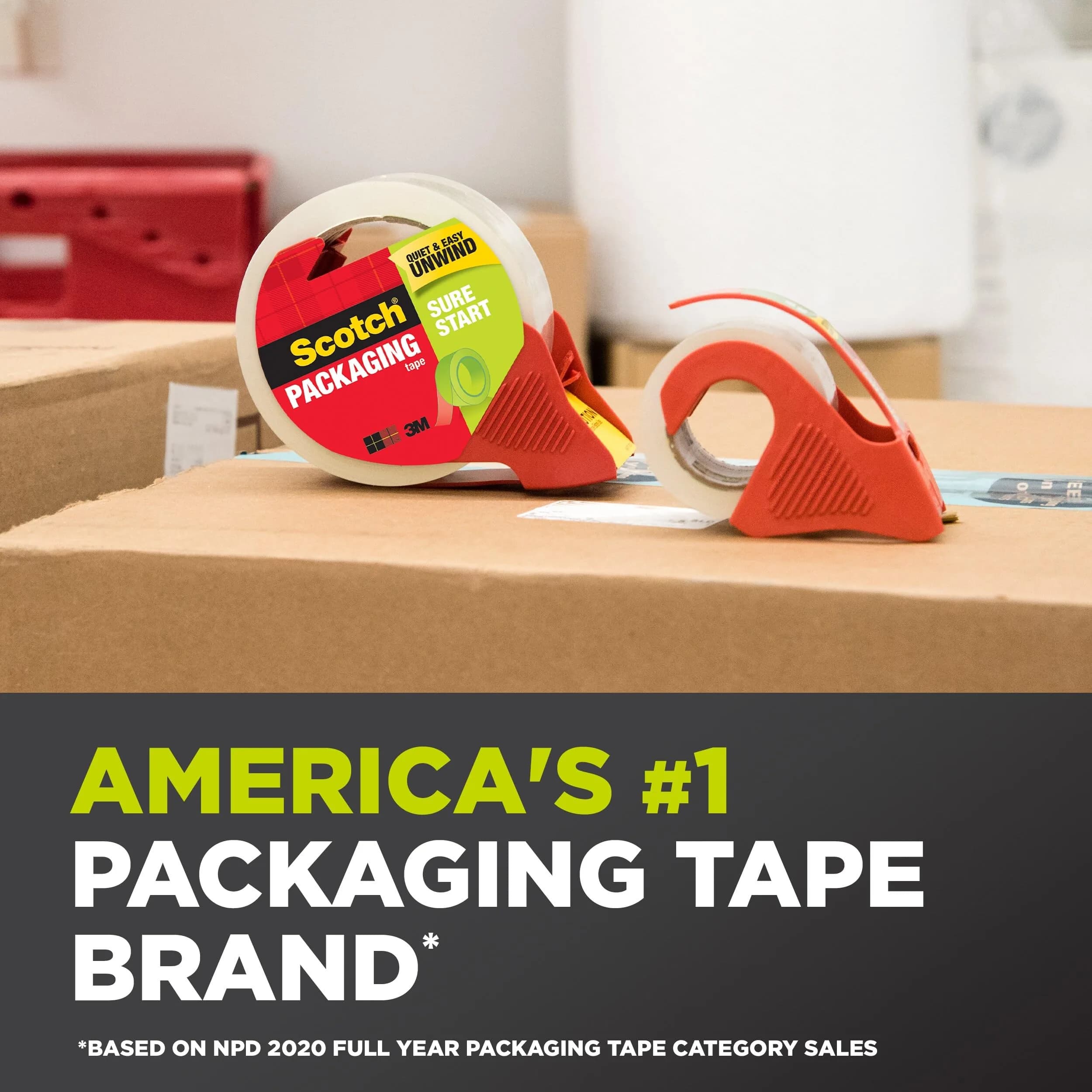 Scotch Sure Start Packing Tape with Dispensers, Clear, 6 Rolls | Quiet Unwind & Easy Start - view 2
