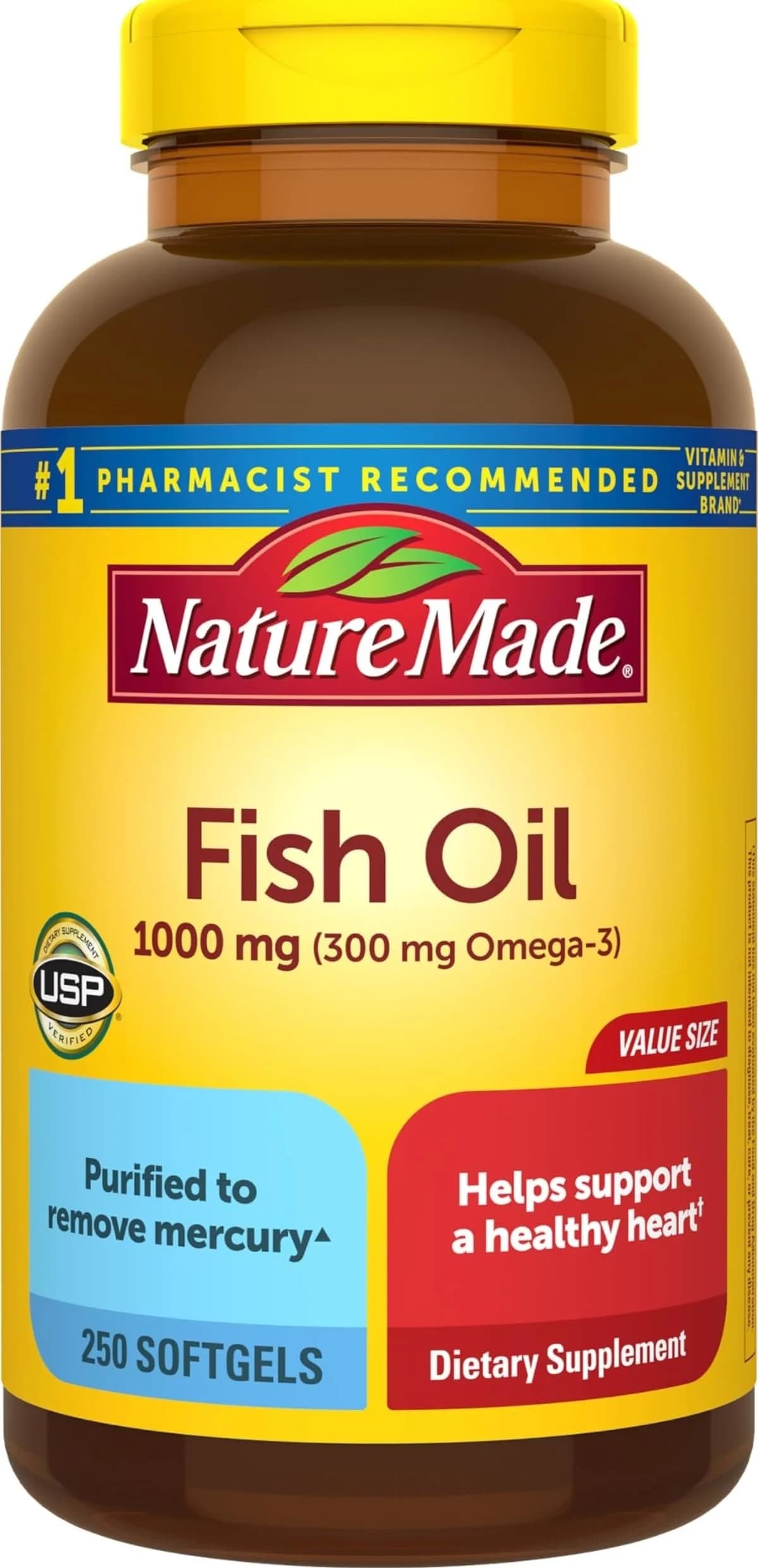 Nature Made Fish Oil Omega 3 Supplements 1000mg Softgels 250 Count | Heart Health Support with USP Verification - main product image