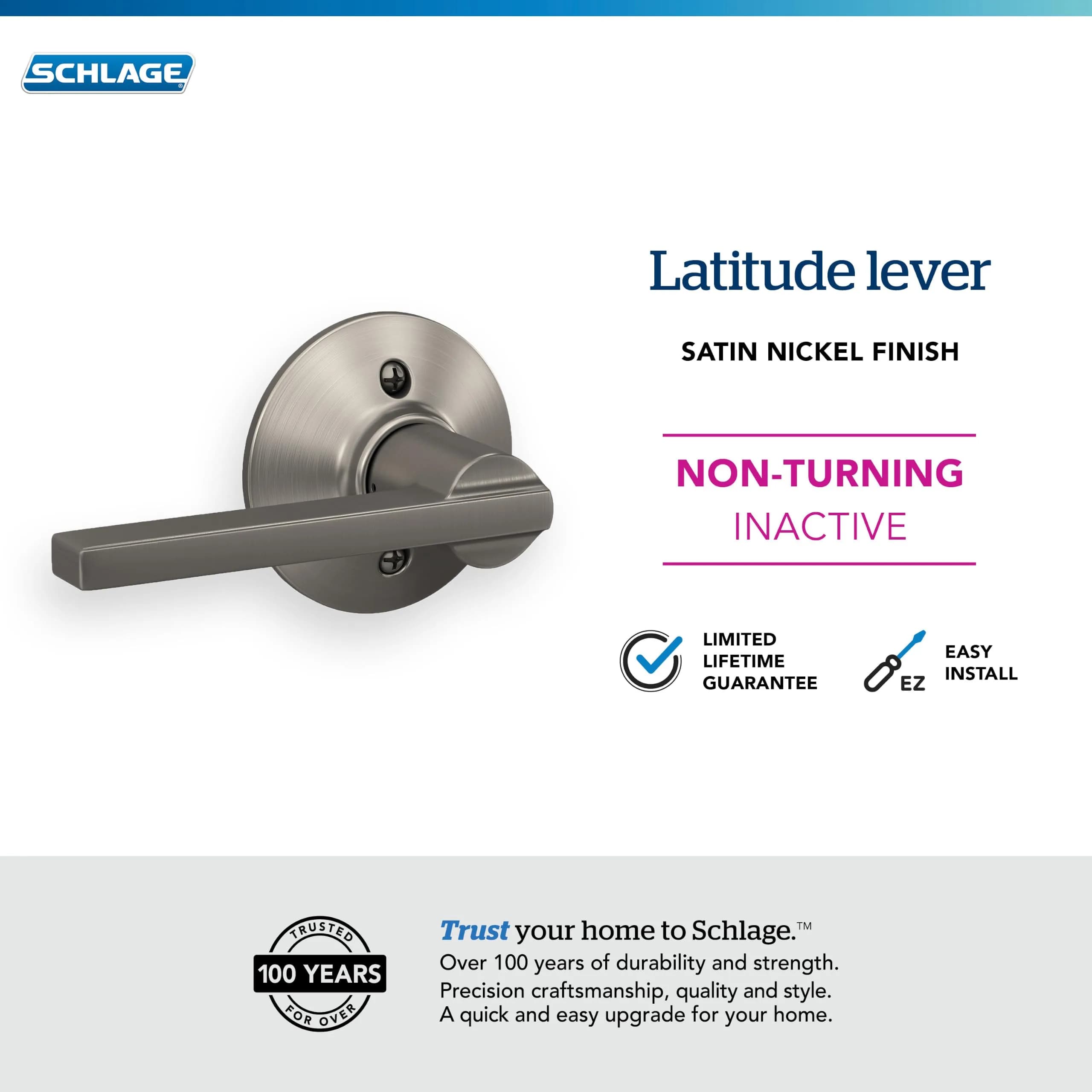 SCHLAGE Latitude Dummy Door Handle, Satin Nickel (Zinc) | Reversible, Decorative Pull - view 4