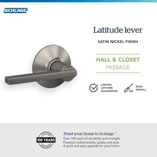 SCHLAGE Latitude Hall/Closet Passage Door Handle Lever, Satin Nickel, 2.5 inches (6.35 cm) Length | Grade 2 BHMA Certified thumbnail 5