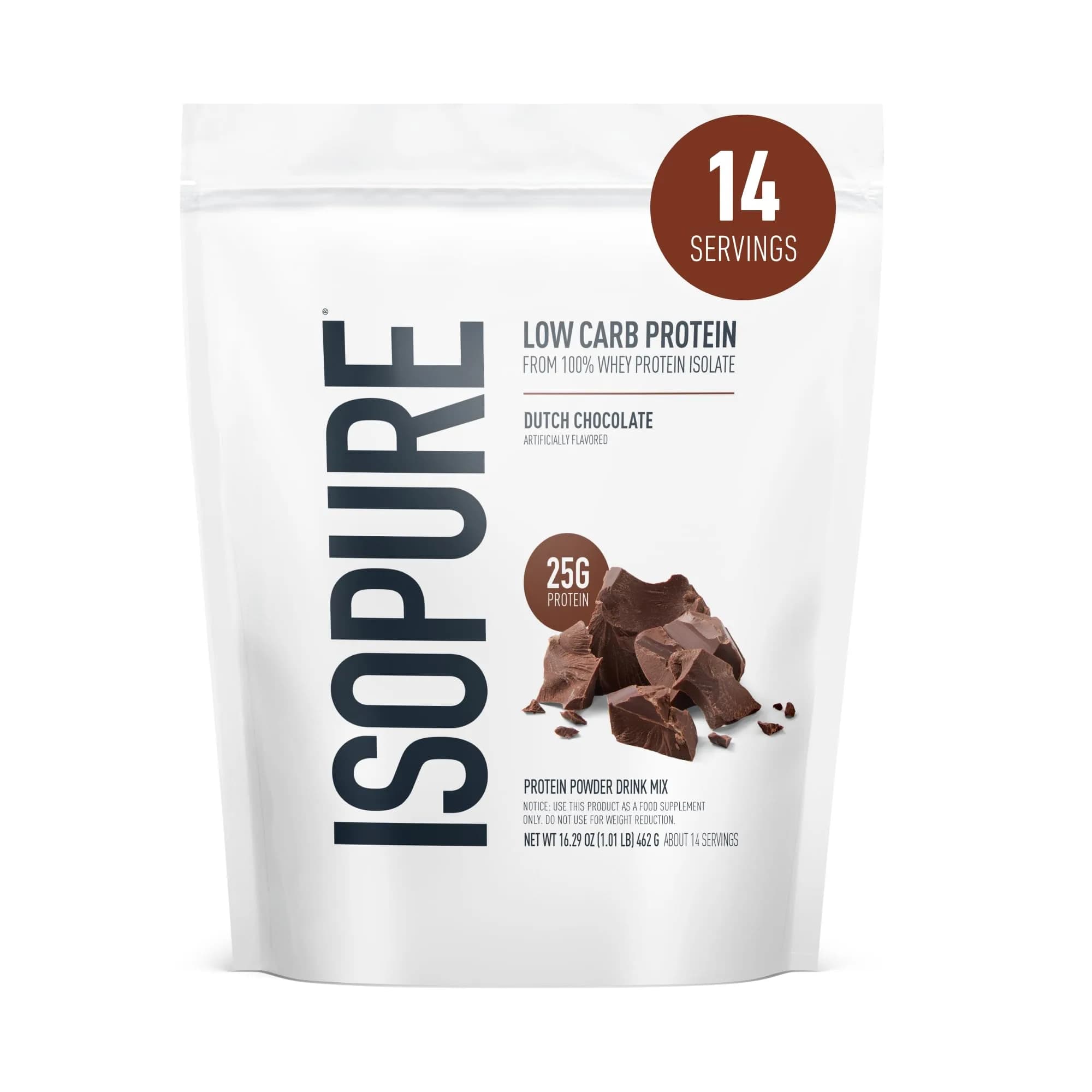 Isopure Low Carb Whey Protein Isolate Powder Dutch Chocolate, 1 Lb (454g) | 25g Protein Per Serving - main product image