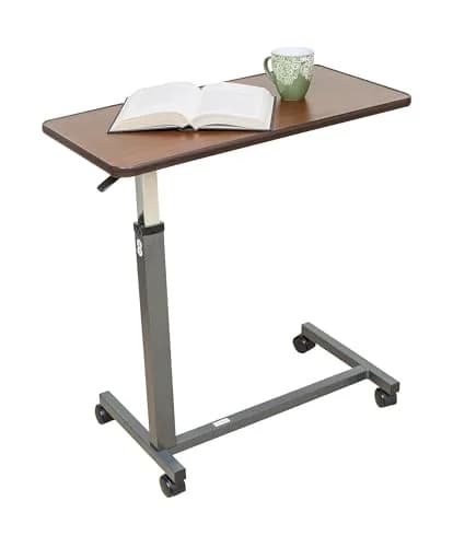 Essential Medical Supply Height Adjustable Overbed Table with Locking Wheels | Woodgrain Top for Adults & Seniors thumbnail 1