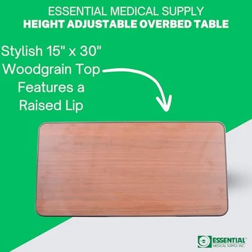 Essential Medical Supply Height Adjustable Overbed Table with Locking Wheels | Woodgrain Top for Adults & Seniors thumbnail 4