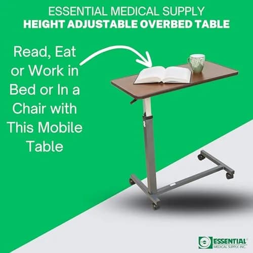 Essential Medical Supply Height Adjustable Overbed Table with Locking Wheels | Woodgrain Top for Adults & Seniors thumbnail 3