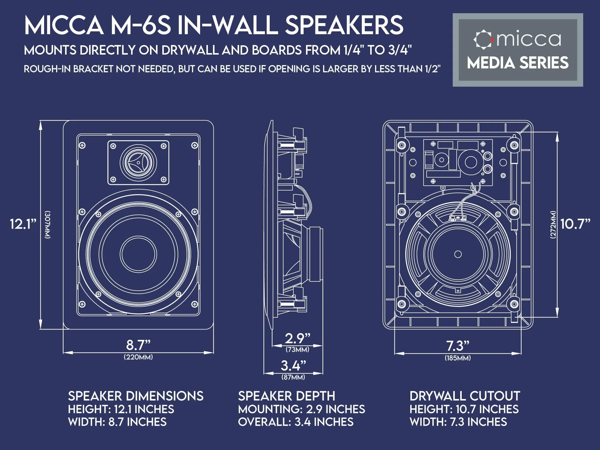 Micca M-6S 6.5-Inch 2-Way In-Wall/Ceiling Speaker, White, 141.6 cm² (8.7" x 12.1") | Passive Home Audio Speaker for Home Theater - view 7