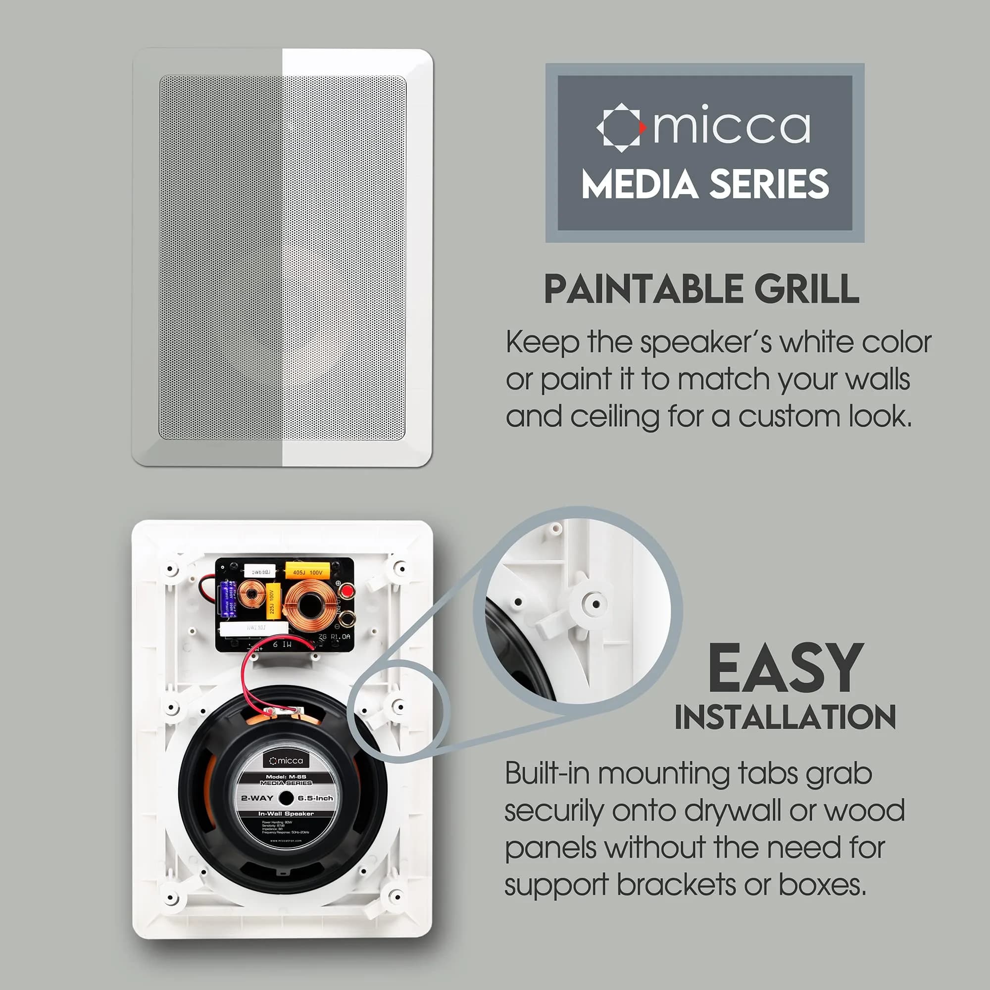 Micca M-6S 6.5-Inch 2-Way In-Wall/Ceiling Speaker, White, 141.6 cm² (8.7" x 12.1") | Passive Home Audio Speaker for Home Theater - view 3