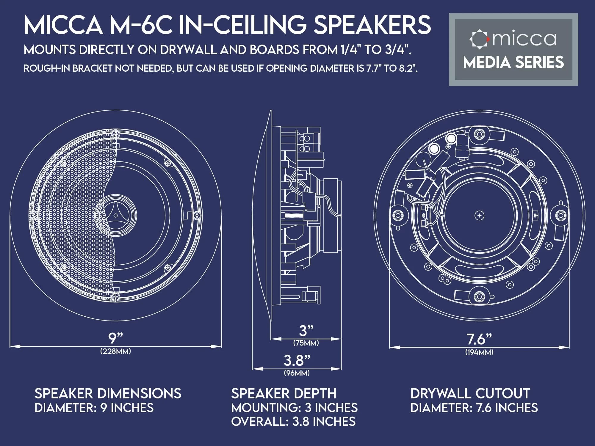 Micca M-6C 6.5-Inch 2-Way In-Ceiling Speaker, Round, White | 16.5cm Woofer, 2.5cm Aimable Silk Tweeter - view 6