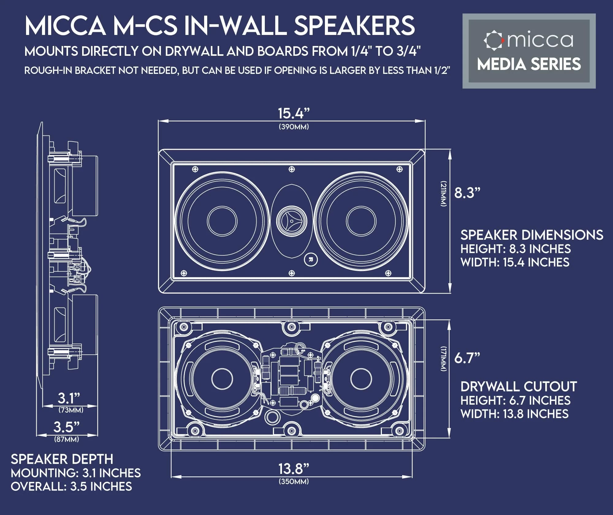 Micca M-CS Dual 5.25-Inch In-Wall Center Channel Speaker, White | 60Hz-20kHz Frequency Response - view 5
