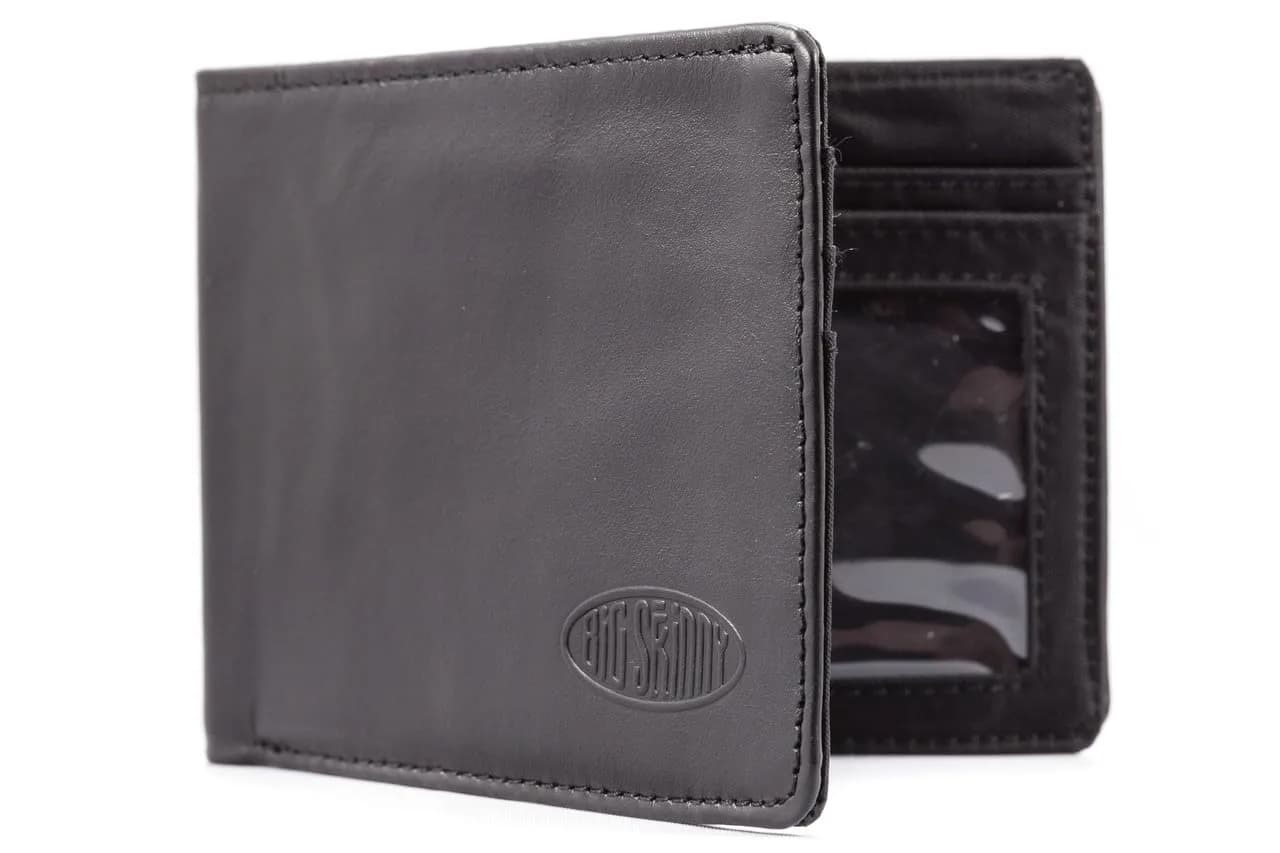 Big Skinny Men's Slimline Bi-Fold Wallet with Leather Exterior & Nylon Interior, Holds 25 Cards, Brown — Black