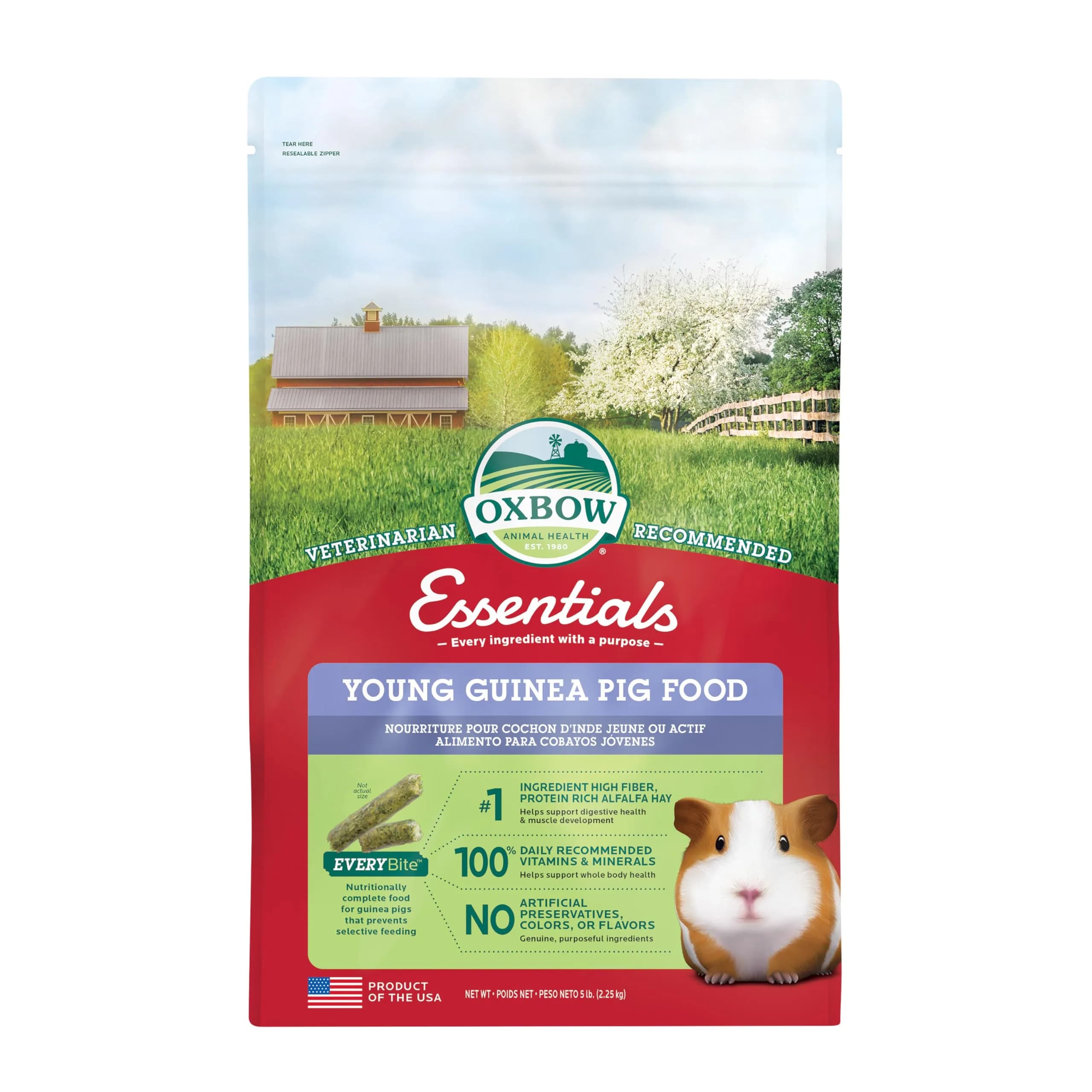 Oxbow Essentials Adult Guinea Pig Food, Timothy Hay Pellets, USA, 5 lb | Complete, High-Fiber Nutrition for Guinea Pigs — 5 Pound