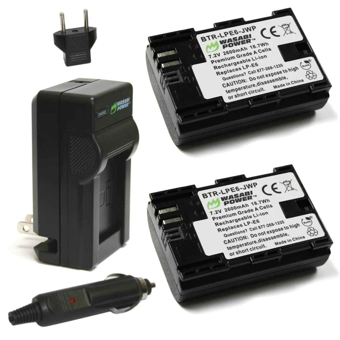 Wasabi Power LP-E6, LP-E6N Battery (2-Pack) & Charger for Canon EOS 5D Series | 7.2V 2600mAh