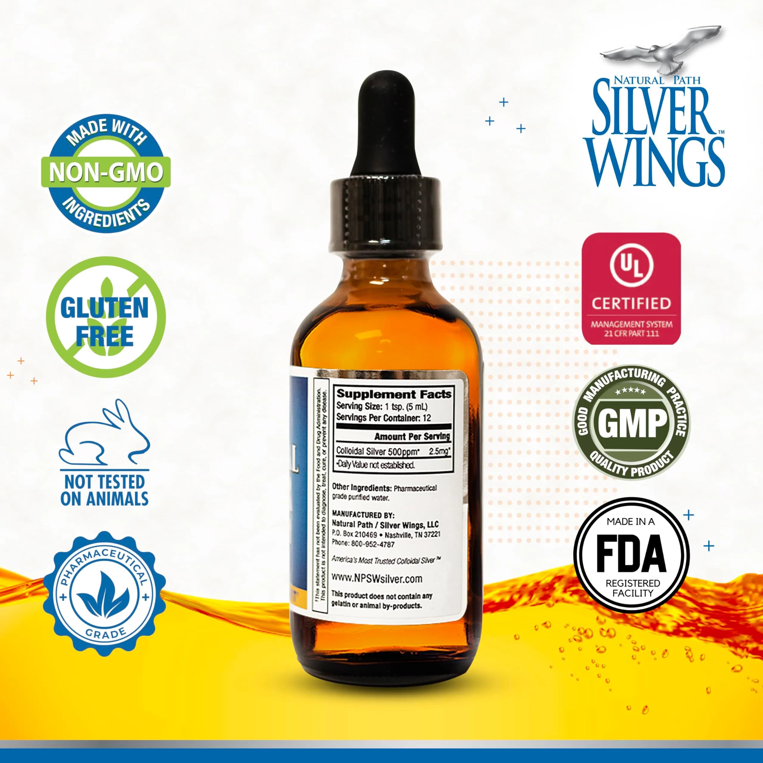 Natural Path Silver Wings 500 PPM Colloidal Silver - 2 Fl Oz with Black Dropper Top - view 2
