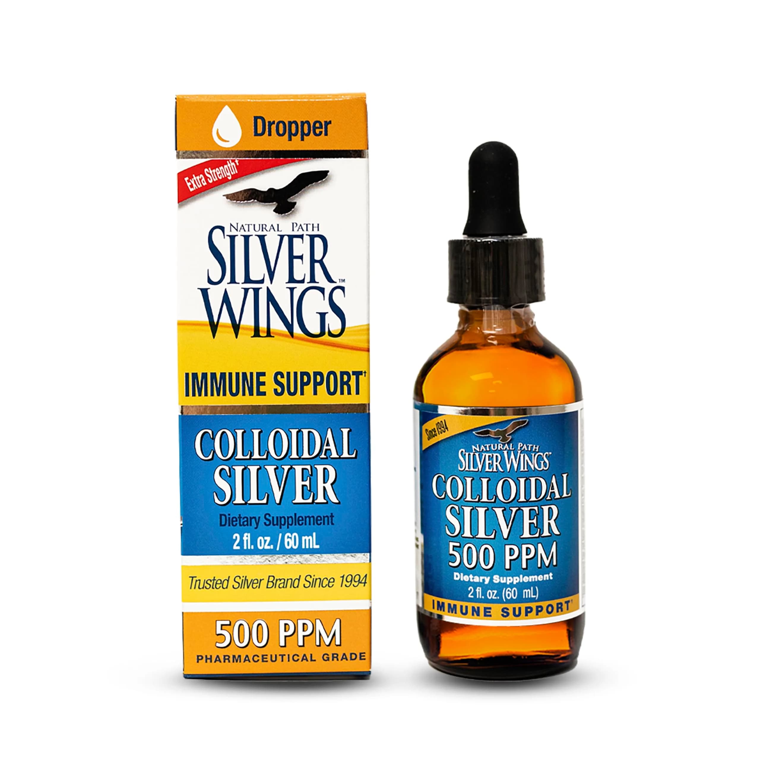 Natural Path Silver Wings Colloidal Silver 500 PPM (236ml / 8 Fl Oz) | High Potency Immune Support — 2 Fl Oz / Black Dropper Top