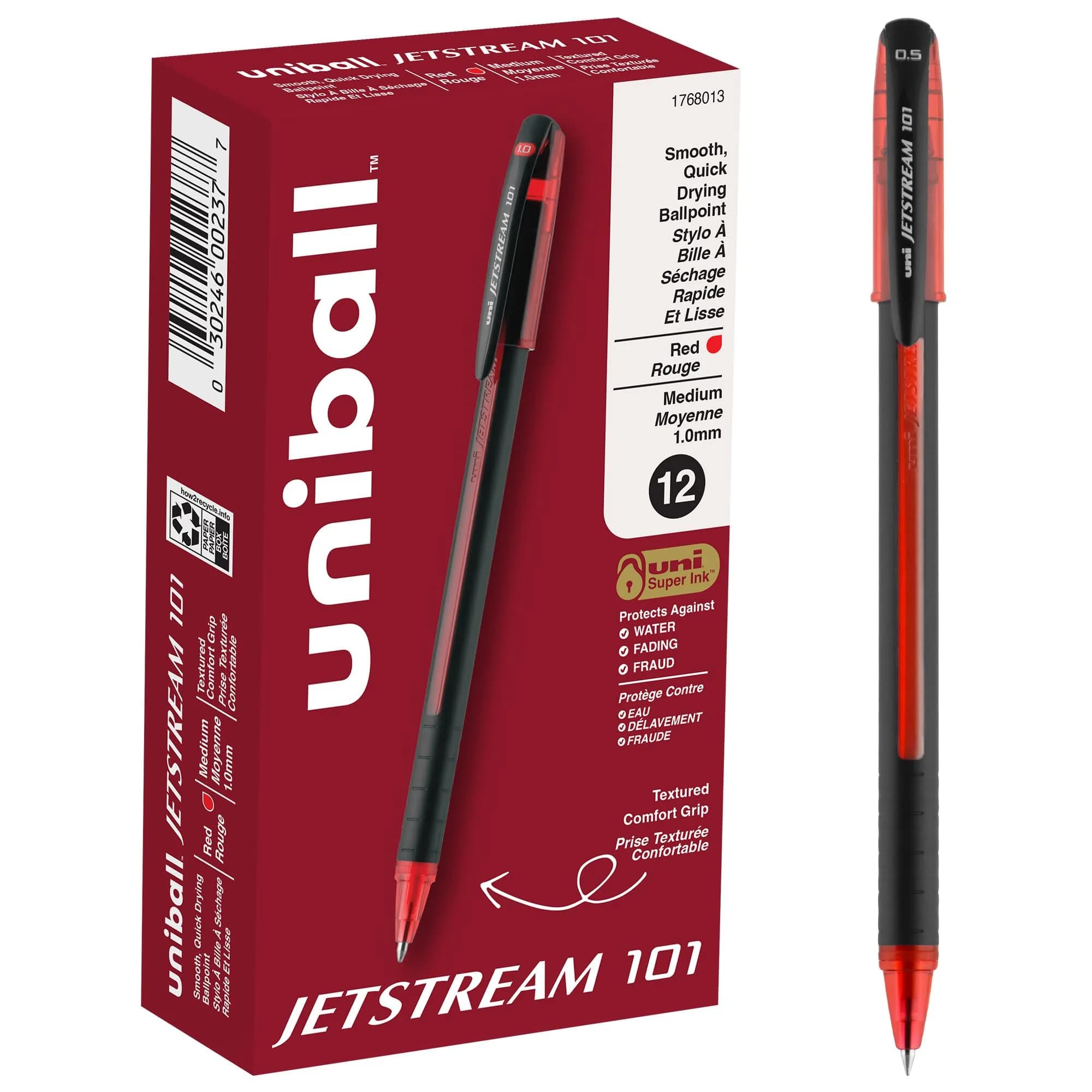 Uni-Ball Jetstream 101 Ballpoint Pen, Medium Point (1.0mm), Red, 12 Count | Hybrid Ink for Smooth, Quick-Dry Writing - main product image