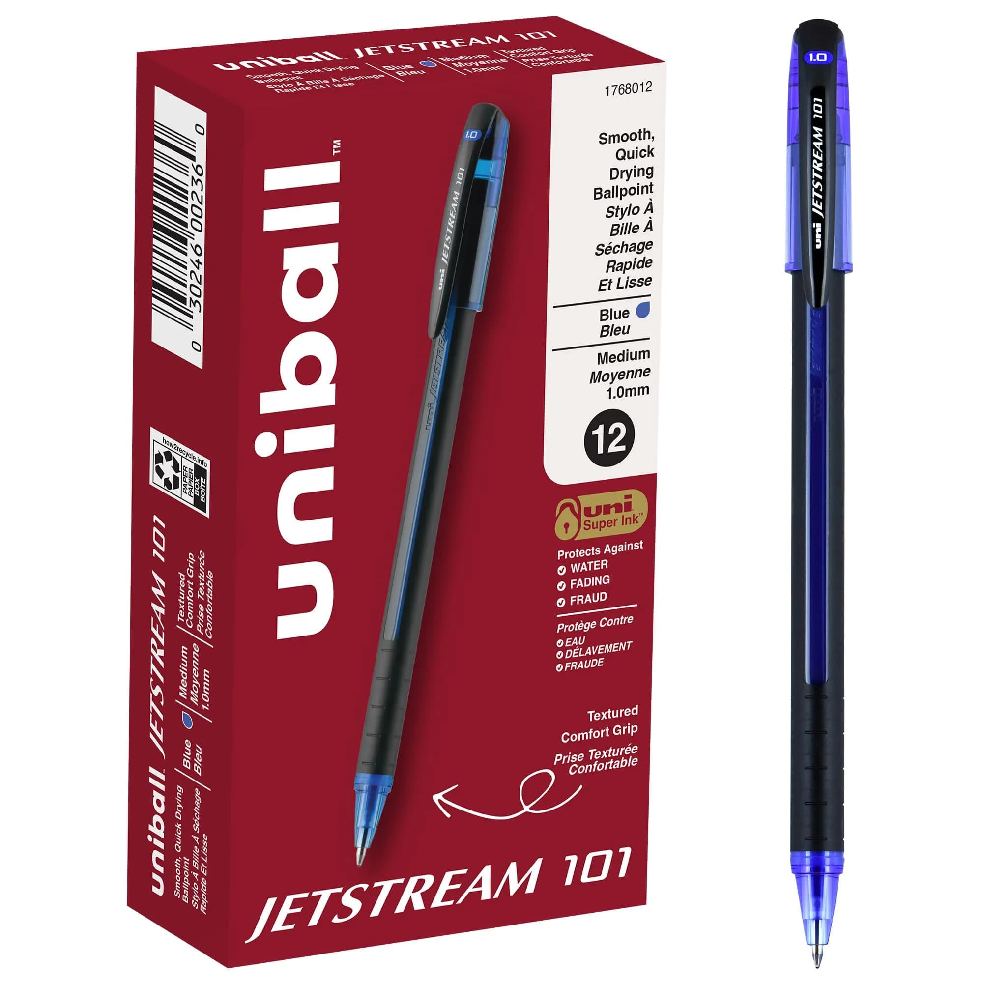 Uni-Ball Jetstream 101 Ballpoint Pens, Medium Point (1.0mm), Blue, 12 Pack | Smooth Hybrid Ink - main product image