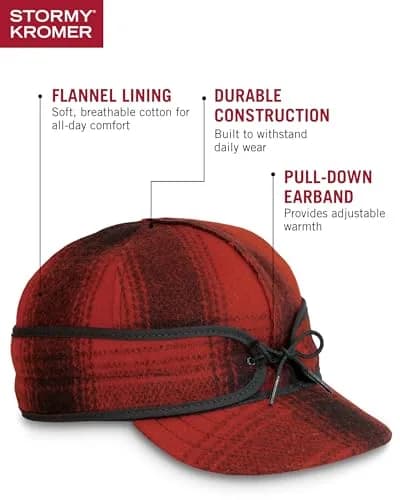 Stormy Kromer The Original Cap, Red/Black Plaid, Size 7 3/8 (19.7 cm) | Classic Wool Blend Winter Hat with Earflaps thumbnail 4