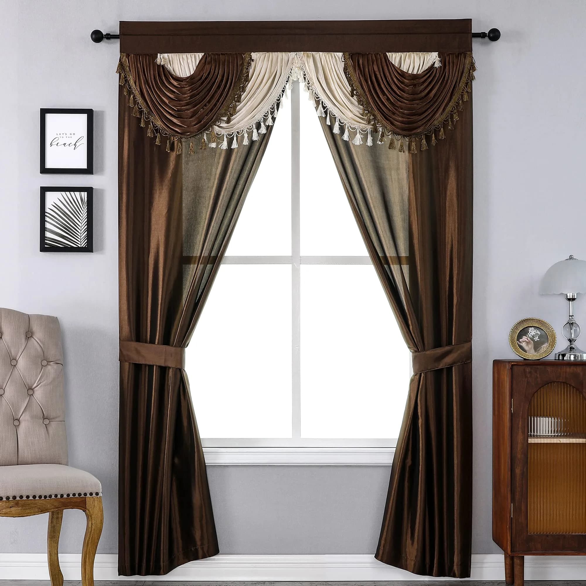 Regal Home Collections Amore 5-Piece Curtain Set 213cm x 213cm (84" L x 54" W) | Light Filtering Panels with Valance & Tiebacks — Brown