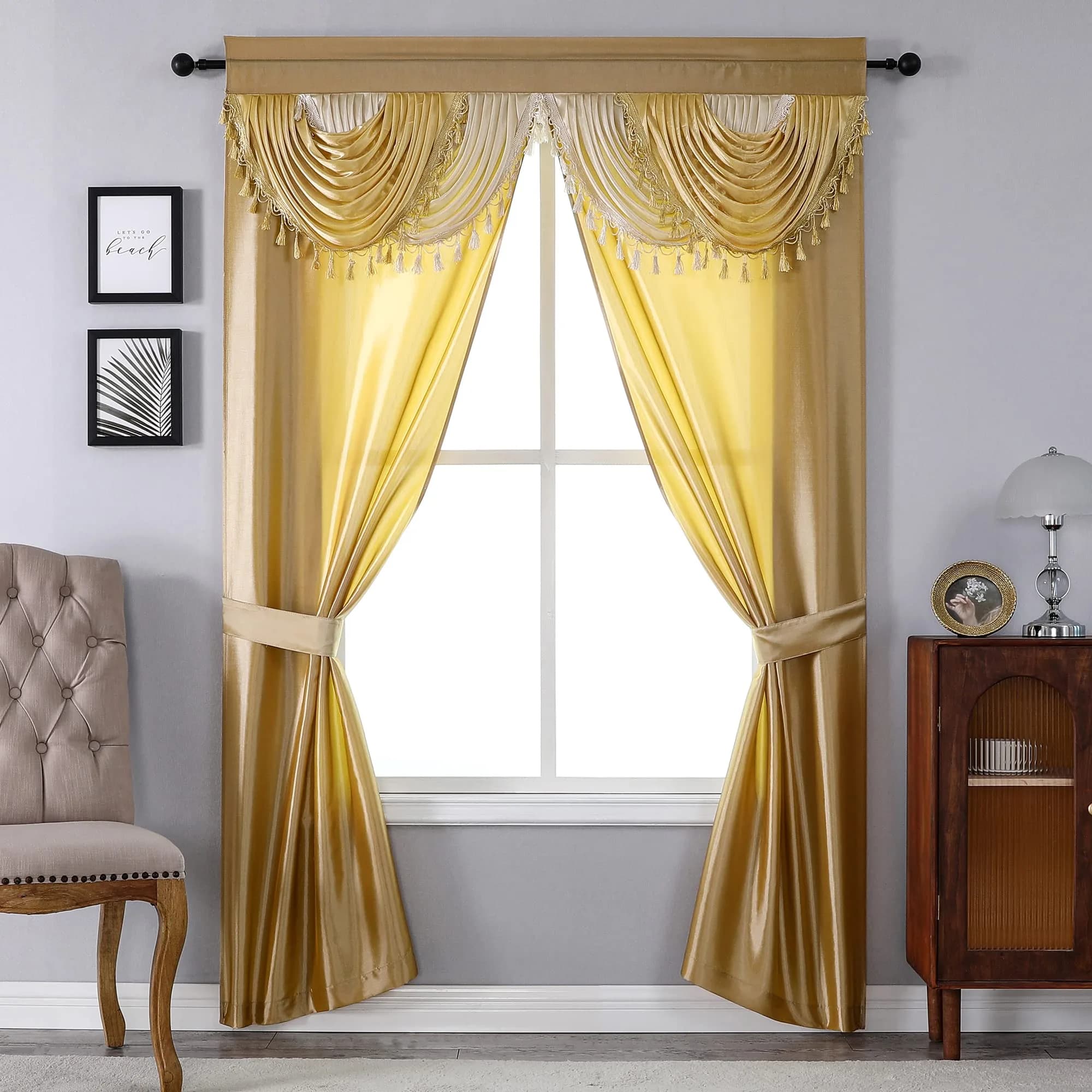 Regal Home Collections Amore Curtains 5-Piece Window Curtain Set 137cm x 213cm (54"W x 84"L) | Gold Light-Filtering Panels with Valance & Tiebacks — Gold