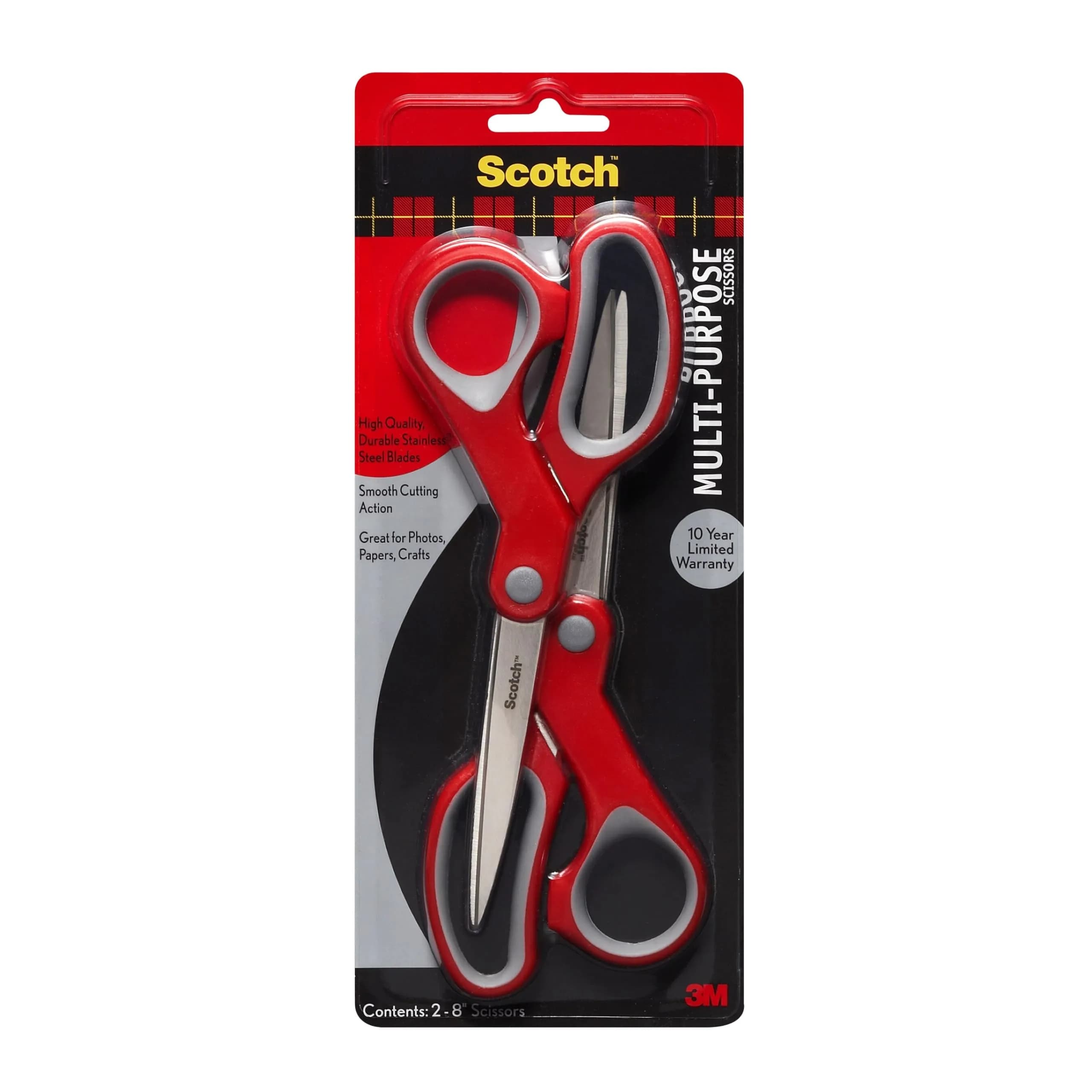 Scotch Multi-Purpose Stainless Steel Scissors, 8" (20 cm) - 2 Pairs | All-Purpose Craft & Office Cutting — Red/Gray