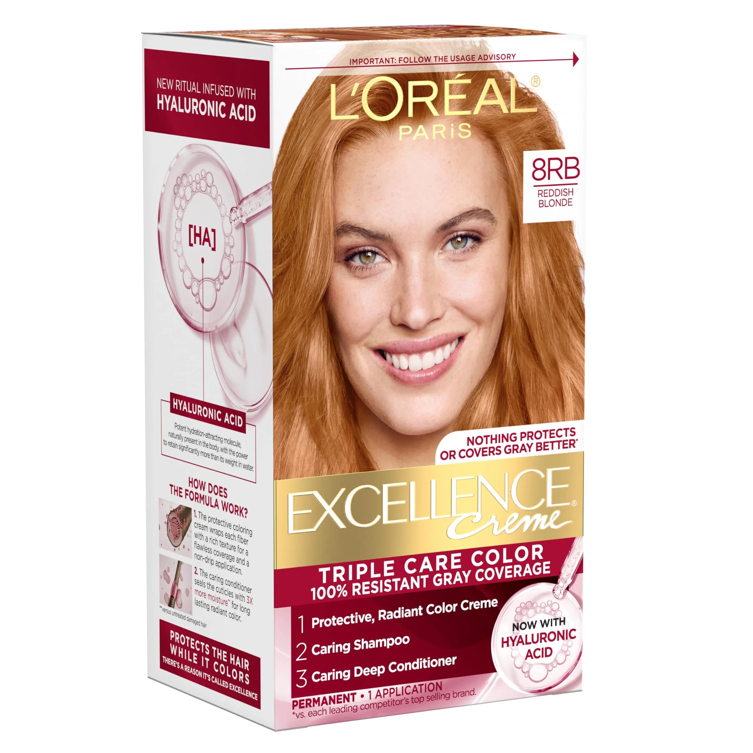 L'Oreal Paris Excellence Crème Permanent Hair Dye 8RB Reddish Blonde | Triple Care with Hyaluronic Acid for 100% Gray Coverage - main product image