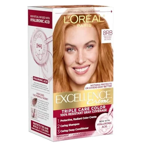 L'Oreal Paris Excellence Crème Permanent Hair Dye 8RB Reddish Blonde | Triple Care with Hyaluronic Acid for 100% Gray Coverage thumbnail 1