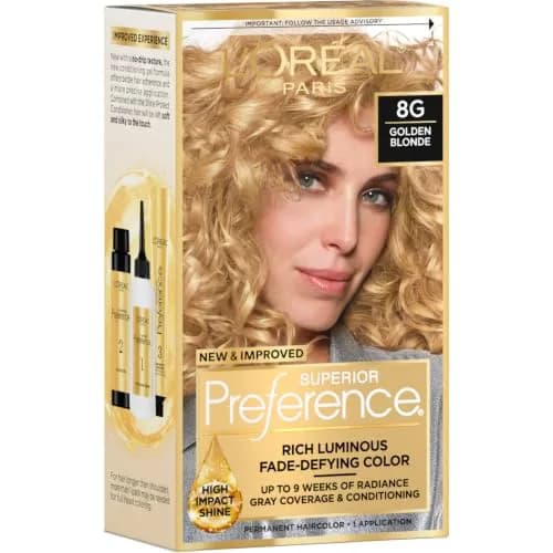 L'Oreal Paris Superior Preference Permanent Hair Color 8G Golden Blonde Kit | Fade-Defying Radiance Up to 9 Weeks thumbnail 1