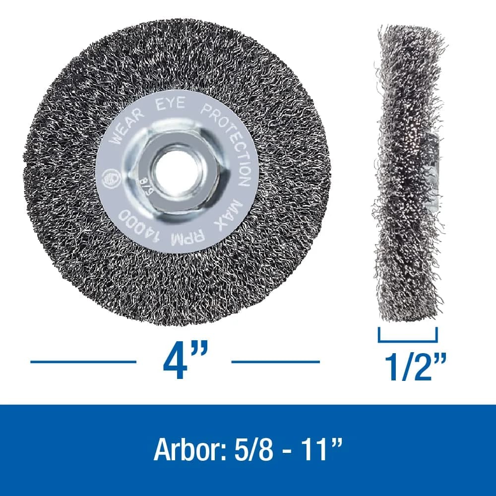 Mercer Abrasives 187010 - 4" x 1/2" x 5/8"-11 Crimped Wire Wheel, .014 Carbon Steel Wire | Heavy-duty Abrasion Tool thumbnail 2