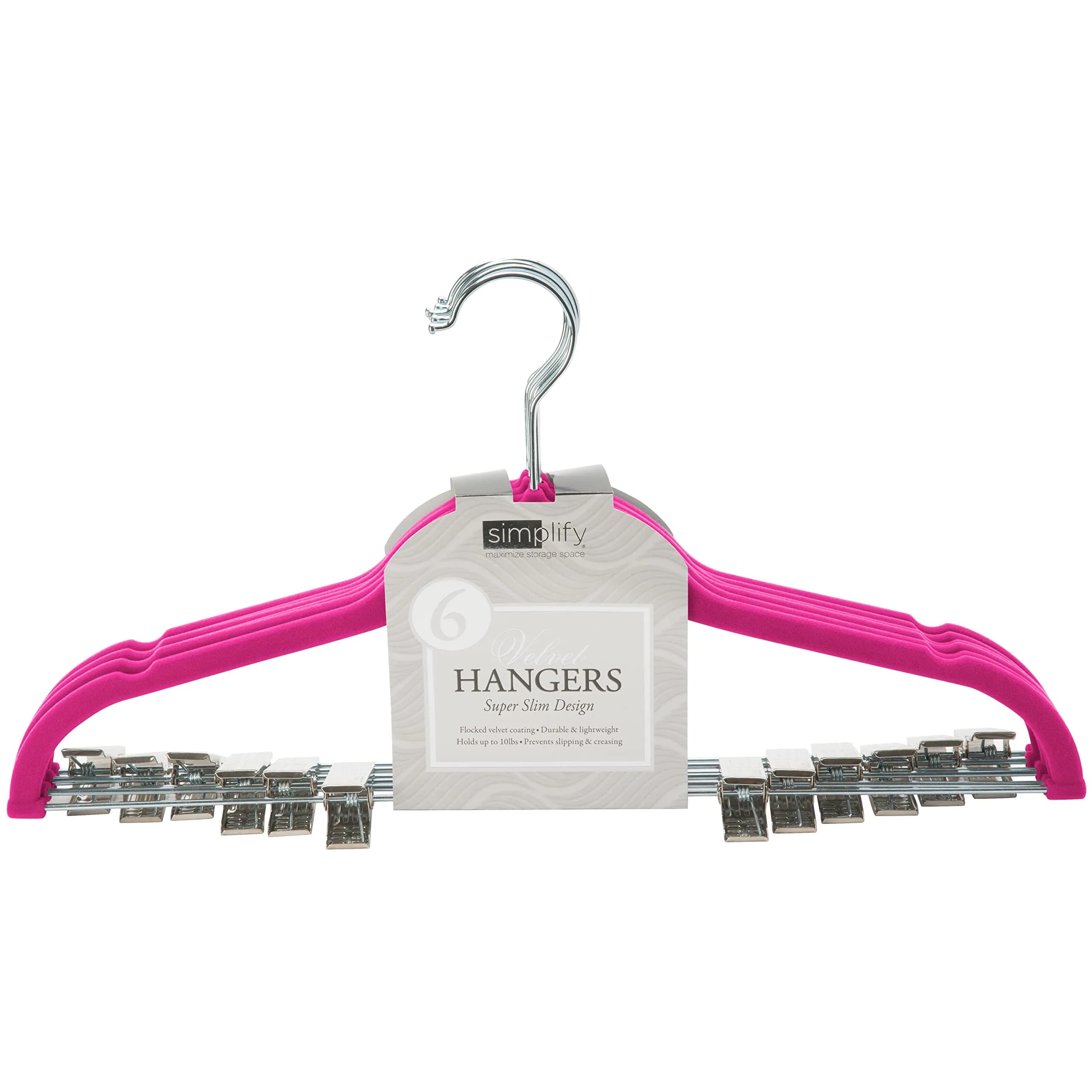 Simplify 6 Pack Slim Velvet Hangers with Clips Space Saver Prevent Garment Creases Fuchsia | Anti-Slip, Durable, Swivel Neck