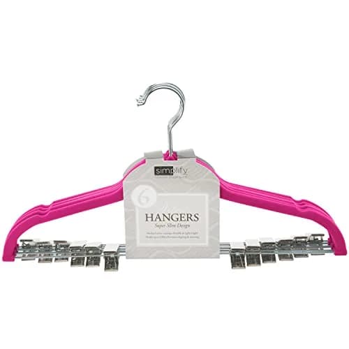 Simplify 6 Pack Slim Velvet Hangers with Clips Space Saver Prevent Garment Creases Fuchsia | Anti-Slip, Durable, Swivel Neck thumbnail 1
