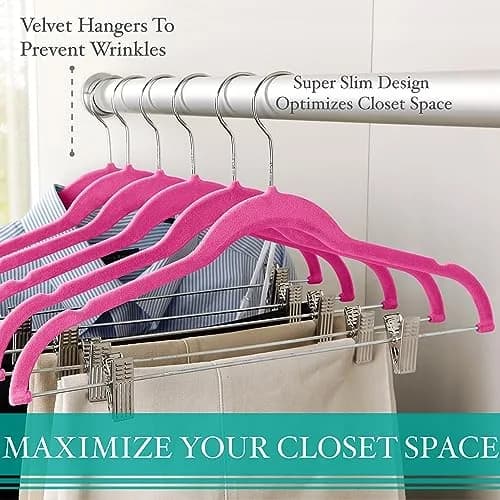 Simplify 6 Pack Slim Velvet Hangers with Clips Space Saver Prevent Garment Creases Fuchsia | Anti-Slip, Durable, Swivel Neck thumbnail 4