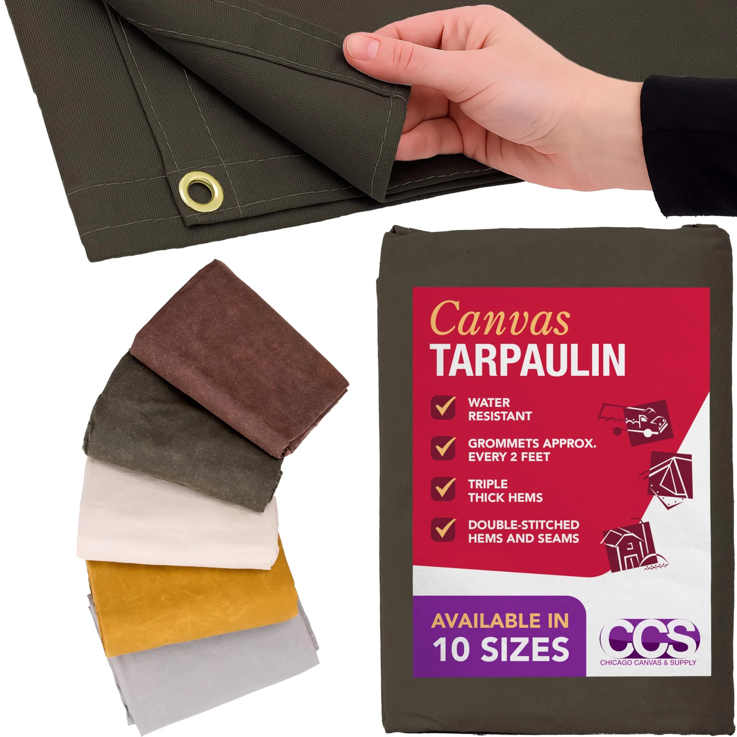 CCS Waterproof Canvas Tarp Cover – Heavy Duty Duck Cloth, Waxed Canvas Tarpaulin with Rustproof Brass Grommets for Camping, Construction, Equipment & Outdoor Use (Olive Drab, 7x9 Ft)
