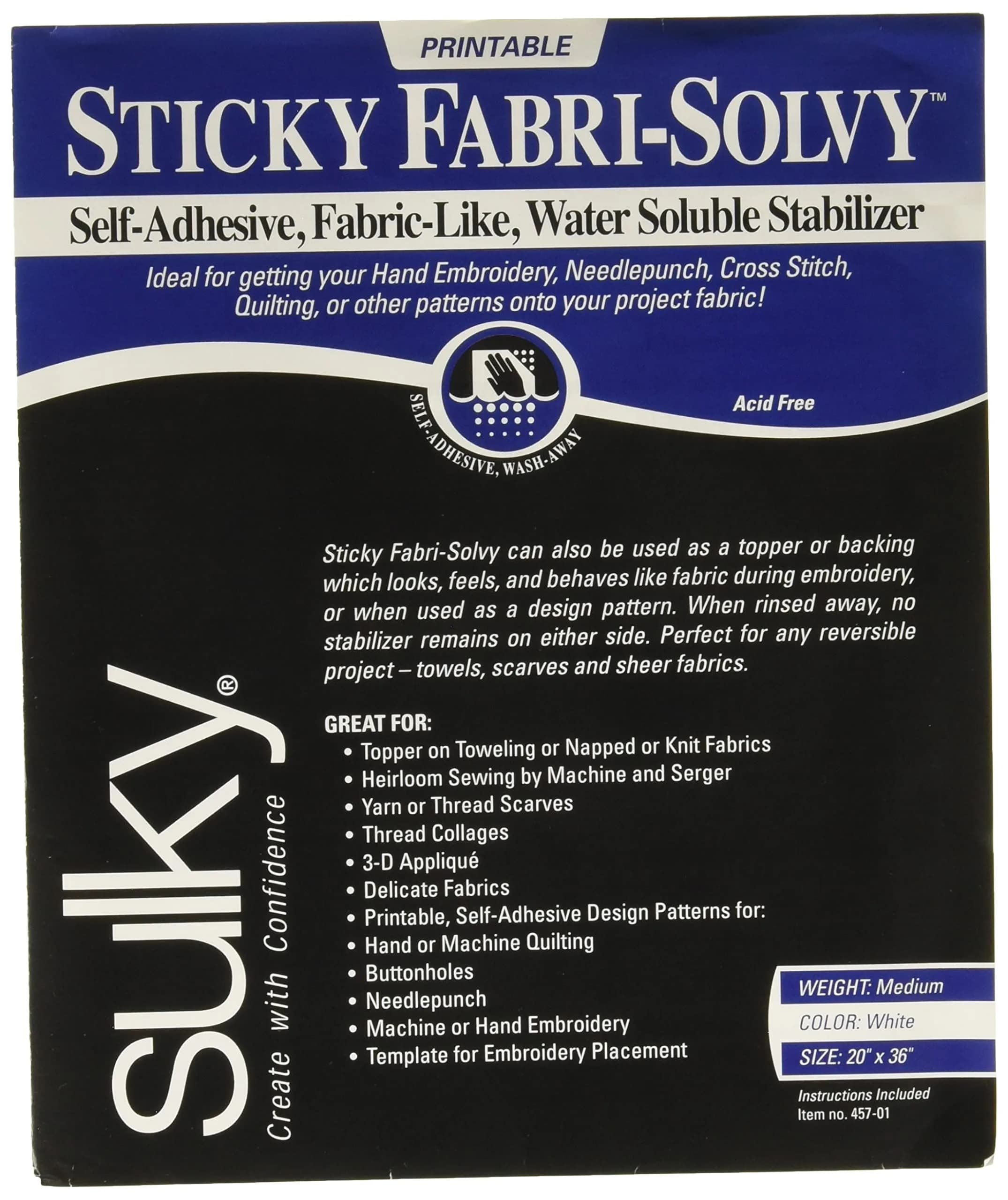Sulky Sticky Fabri-Solvy Stabilizer 50.8cm x 91.4cm (20"x36") | Wash Away Printable Stabilizer for Embroidery & Applique - main product image
