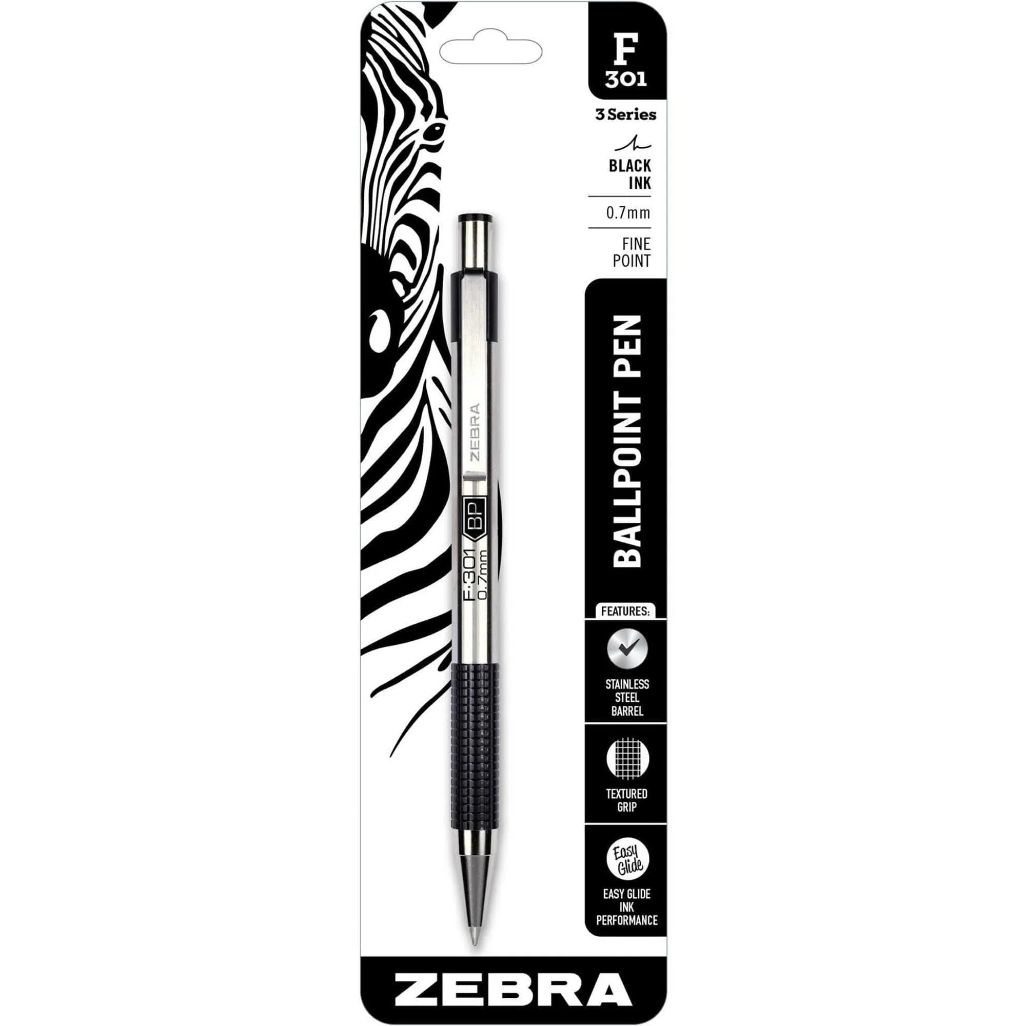 Zebra F-301 Ballpoint Retractable Pen, Black Ink, Medium Point | Stylish stainless steel design for smooth writing — Black