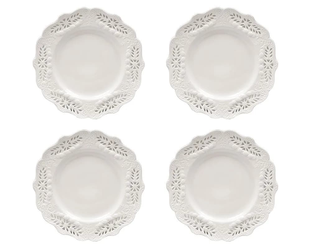 Gracie China Victorian Rose Collection 8-Inch Dessert Plate Set of 4 | Fine White Porcelain