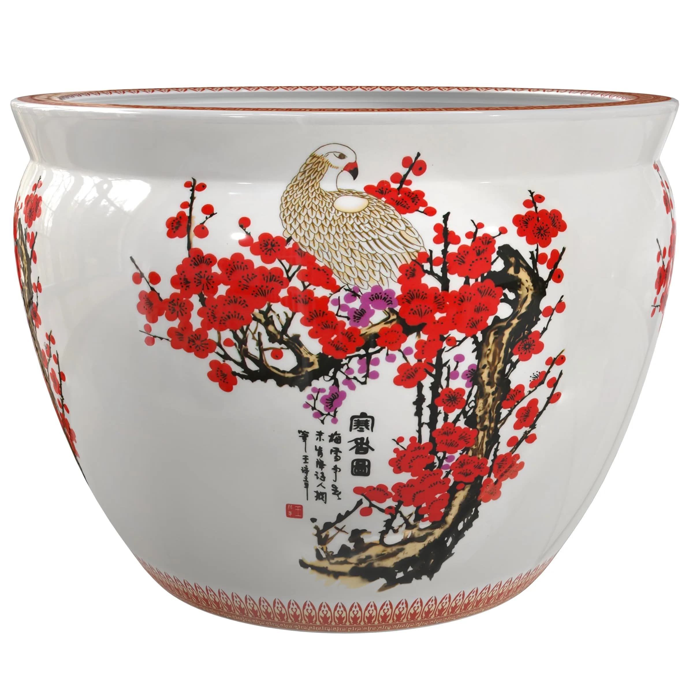 Red Lantern 16" Cherry Blossom Porcelain Fishbowl Planter | Oriental Floral Decor