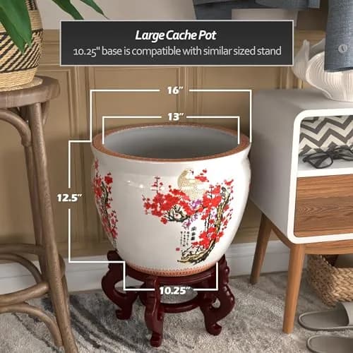 Red Lantern 16" Cherry Blossom Porcelain Fishbowl Planter | Oriental Floral Decor thumbnail 4