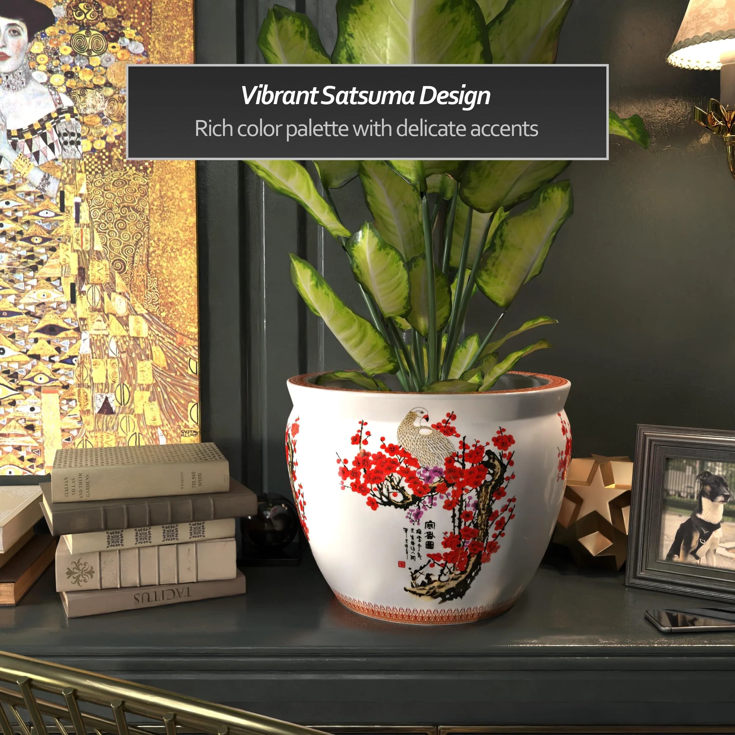 Red Lantern 16" Cherry Blossom Porcelain Fishbowl Planter | Oriental Floral Decor - view 5