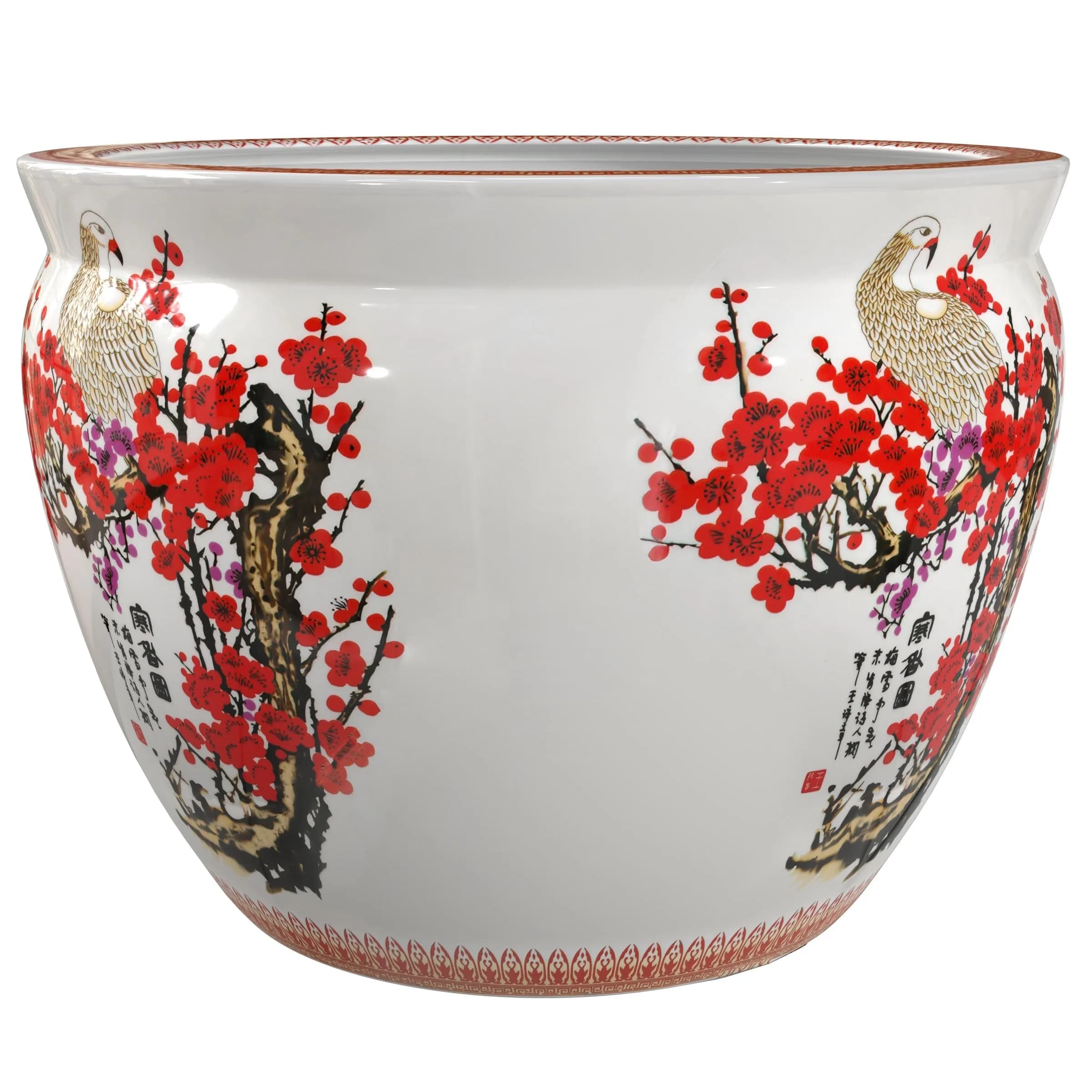 Red Lantern 16" Cherry Blossom Porcelain Fishbowl Planter | Oriental Floral Decor - view 6